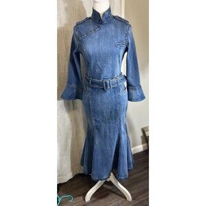 Chic Womens Denim Slim Cheongsam Collar Flared Sleeve Mermaid Dress Size Large